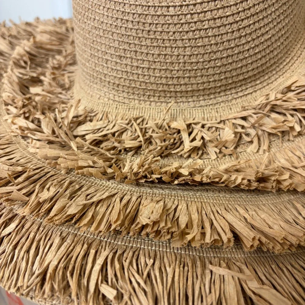 Ernestina & Macorina Tan Woven Wide Brim Straw Sun Hat Frayed Raffia Fringe Boho